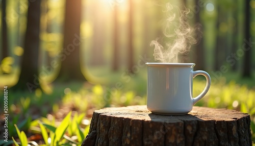 A series of mugs in the forest: winter, autumn, summer, and spring.
