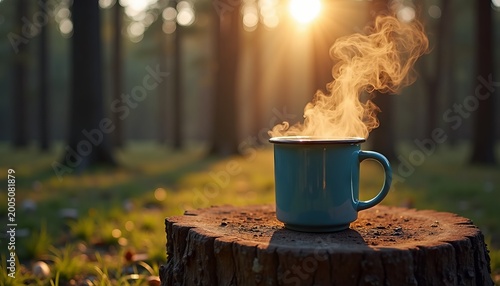 A series of mugs in the forest: winter, autumn, summer, and spring.