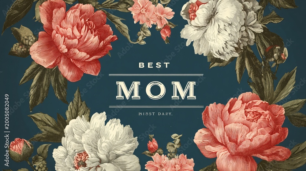 Fototapeta premium Mother’s day floral card with best mom text and copy space background