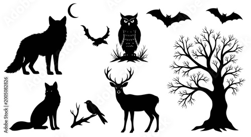 Canvas Print Halloween Silhouette Collection: Fox, Owl, Deer, Bats, Crow, Tree, Moon