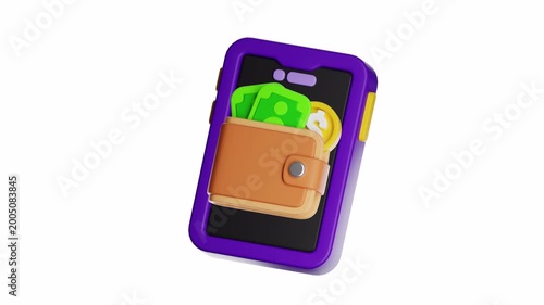 3d looping ui icon phone displaying wallet, money, and coins on screen. Suitable for financial or banking concepts, mobile payment technologies, and budgeting.