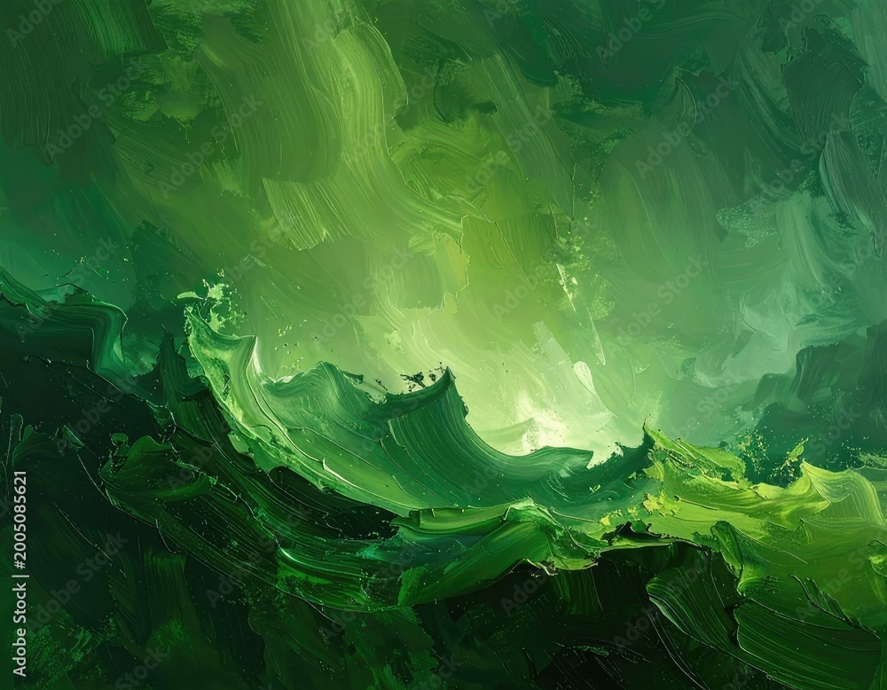 Obraz premium An abstract painting showcases swirling shades of green, evoking a sense of movement and natural energy through thick, textured brushstrokes.