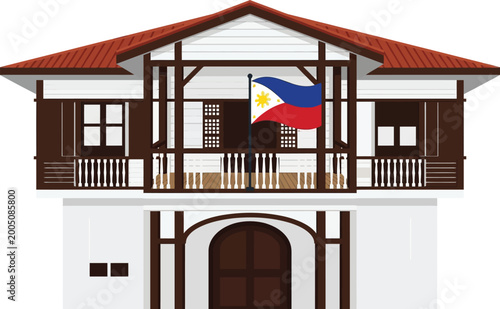 Traditional Filipino house with waving flag proudly celebrating national independence day.