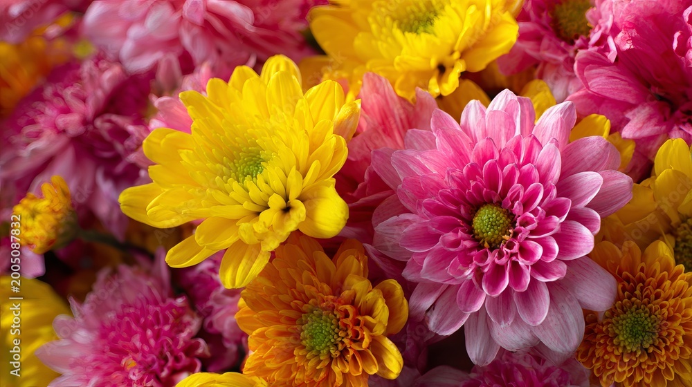 Fototapeta premium Vibrant pink and yellow flowers bouquet for mother’s day greeting