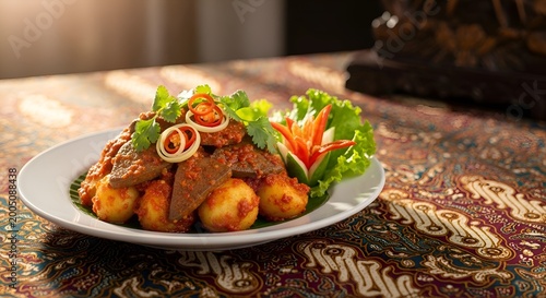 Delicious Indonesian Rendang, a traditional meat dish, served with hard-boiled eggs and garnished with fresh herbs and spices