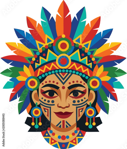 Colorful stylized portrait of an indigenous woman with a vibrant feathered headdress.