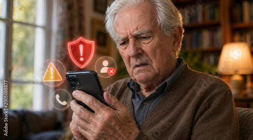 Confused Senior Man Holding Smartphone with Floating Digital Scam Warning Alert Icons, Online Fraud and Elderly Cyber Safety Awareness Concept