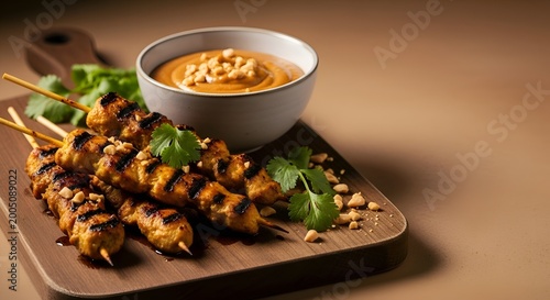 Grilled chicken satay skewers with creamy peanut sauce, fresh cilantro, and crushed peanuts on a wooden board. A savory and appealing dish