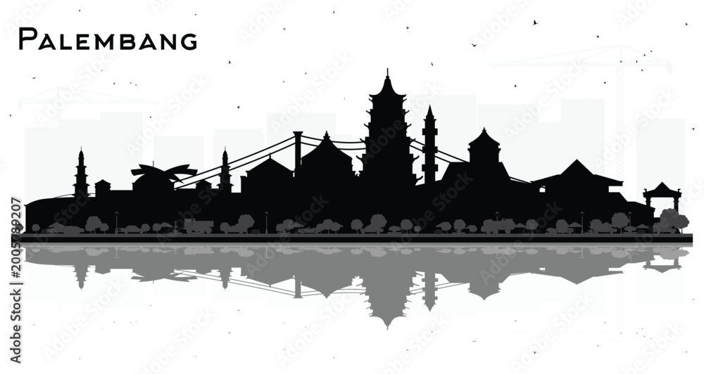 Fototapeta premium Palembang Indonesia City Skyline Silhouette with Black Buildings and reflections Isolated on White. Business Travel and Tourism Concept with Historic Architecture. Palembang Cityscape with Landmarks.