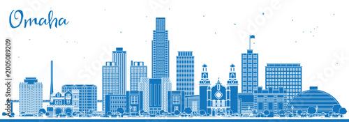 Outline Omaha Nebraska City Skyline with Blue Buildings. Illustration. Business Travel and Tourism Concept with Historic Architecture. Omaha USA Cityscape with Landmarks.