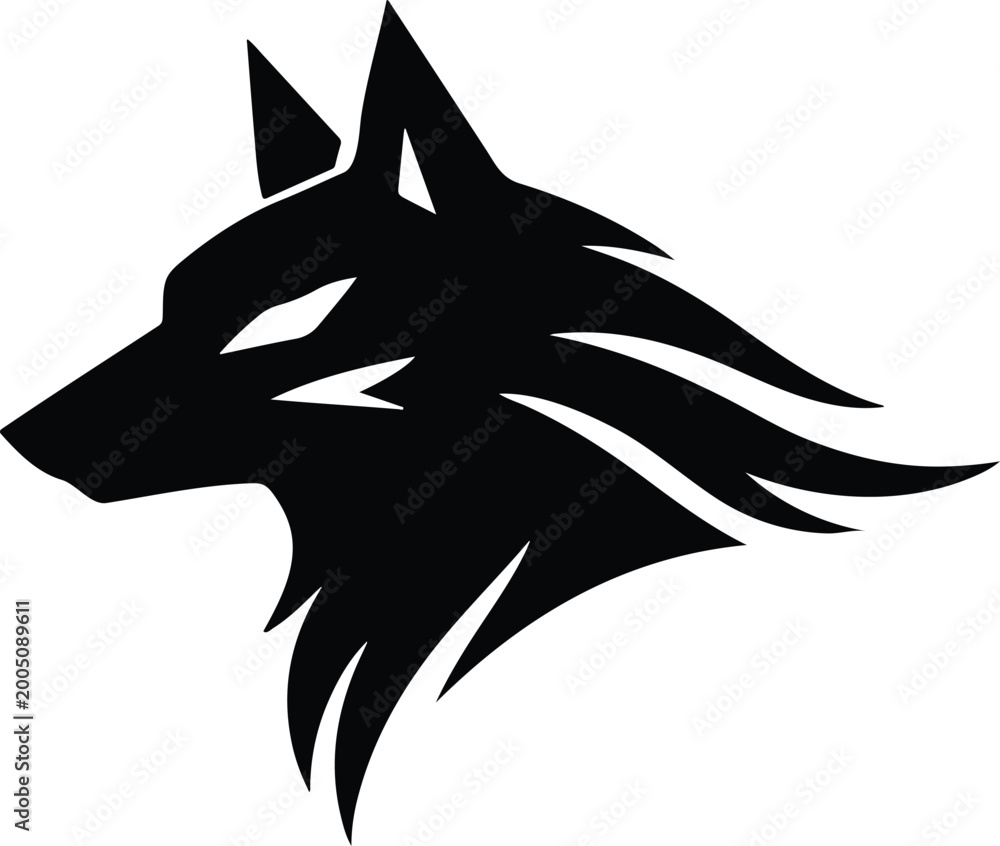 Obraz premium Aggressive wolf head profile silhouette with sharp tribal mane, fierce and powerful black and white vector illustration