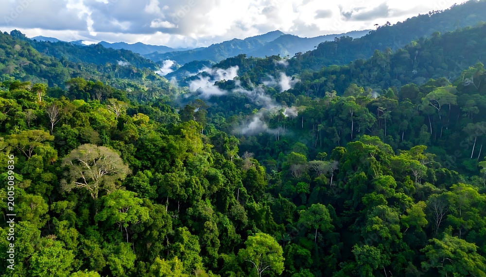 Obraz premium Aerial view of a lush, green forest with misty hills