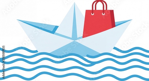Vector Illustration of a Light Blue Paper Boat Carrying a Red Shopping Bag on Blue Waves