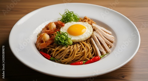 Delicious Asian Noodle Dish with Fried Egg, Shrimp, Chili Peppers, and Sliced Meat, Garnished with Green Onions