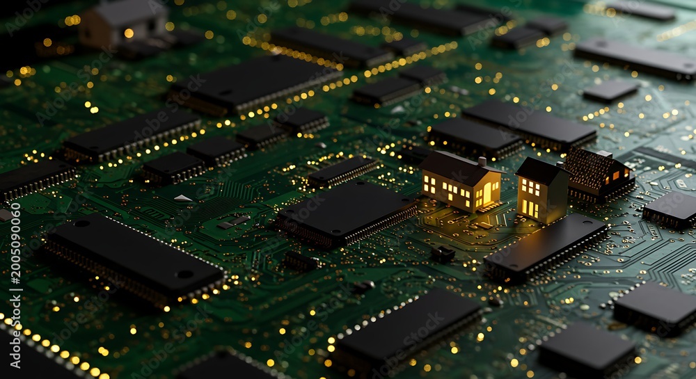 Obraz premium World war miniature houses with glowing windows on a complex green computer circuit board