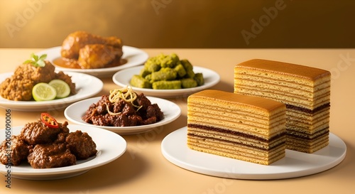 Delicious spread of traditional Indonesian cuisine, featuring rich beef rendang, savory chicken, sweet layered cake, and an assortment of authentic gourmet dishes arranged for a festive meal