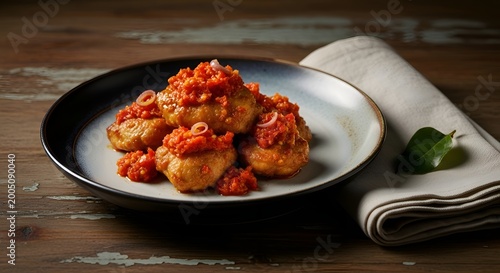 Delicious golden fried fritters, artfully topped with a vibrant, savory red sauce and delicate red onion slices, presented on a plate for an inviting meal