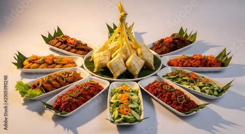 A lavish and exquisite spread of traditional Indonesian festive cuisine, featuring a centerpiece of beautifully woven ketupat surrounded by an array of authentic, flavorful side dishes