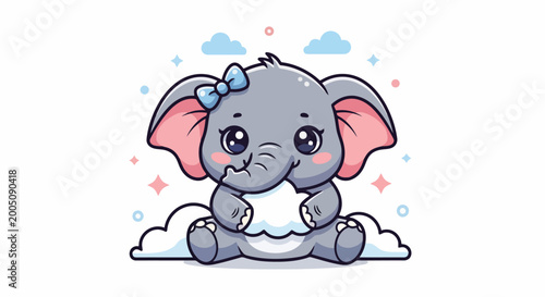 Cute Baby Elephant Cartoon Sitting with Bow.