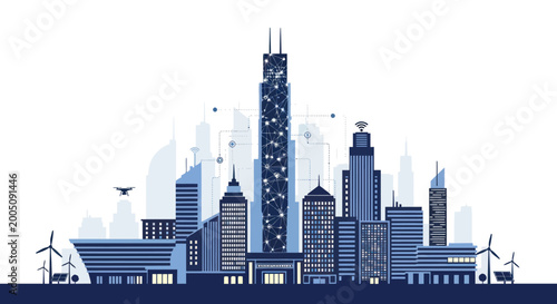 Futuristic city skyline with smart technology, wind turbines, and drone