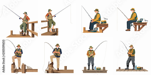 Konstfotografi Collection of flat vector illustrations featuring an elderly fisherman with gear, standing and sitting on a wooden pier, isolated on white background