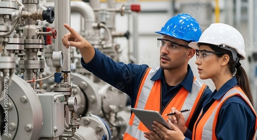 Engineers check industrial piping