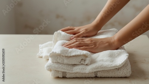 Mujer médico cuidando a bebé y paciente en cama con masaje en brazos y pies, salud, higiene y bienestar con toalla