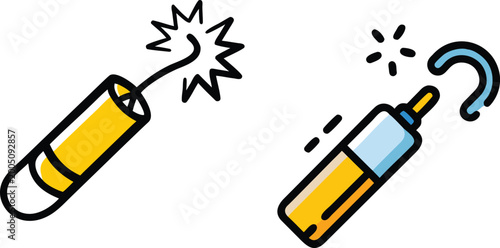 Photos Dynamite stick with exploding fuse and grappling hook with rope attached representing danger and adventure concept