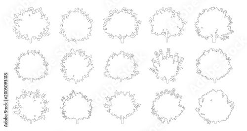Foto Minimalist tree crown outline set, 15 architectural landscape plan symbols, blac