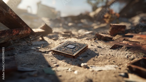 Computer processor chip on dusty ground in ruins daylight