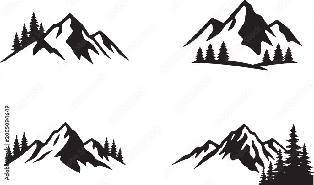 Fototapeta premium Minimal Mountain Silhouette Vector Set with Pine Forest Landscape, Nature Adventure Logo Bundle, Outdoor Wilderness Design Collection, Art & Illustration