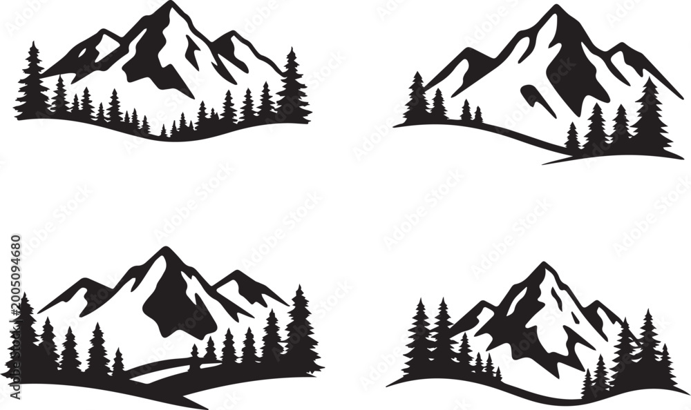 Fototapeta premium Minimal Mountain Silhouette Vector Set with Pine Forest Landscape, Nature Adventure Logo Bundle, Outdoor Wilderness Design Collection, Art & Illustration