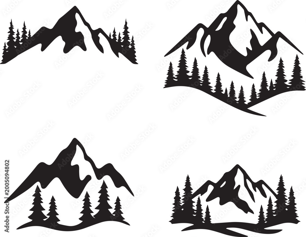 Fototapeta premium Minimal Mountain Silhouette Vector Set with Pine Forest Landscape, Nature Adventure Logo Bundle, Outdoor Wilderness Design Collection, Art & Illustration