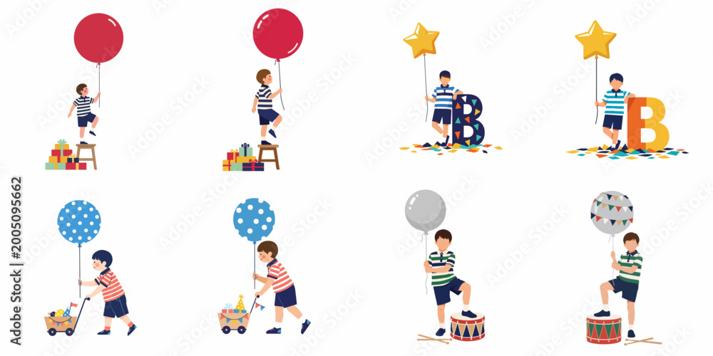 Fototapeta premium Set of Cute Boy Illustrations Celebrating Birthday with Balloons, Gifts, Drum, and Party Props in Flat Vector Style