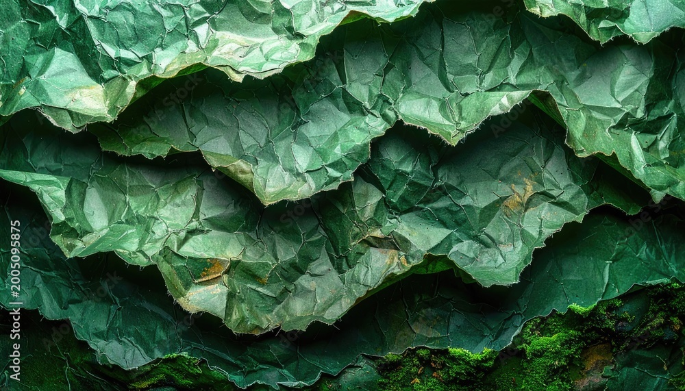 Fototapeta premium A close-up view showcases the intricate textures and vibrant green hues of layered leaves, creating a natural, organic pattern.