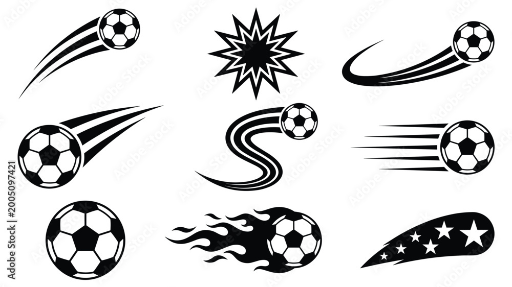 Fototapeta premium Flying Soccer Balls with Speed Trails, Flame, Stars and Explosion Effects — Dynamic Football Motion Vector Icon Set