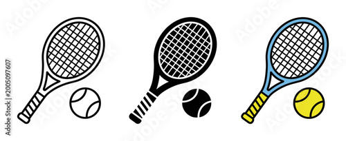 Photos Tennis racket and ball icon set for sports tournament apps outline, solid and co