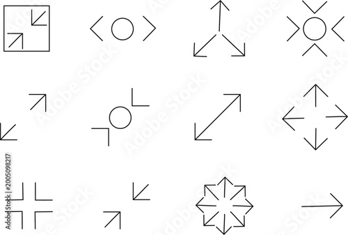Arrows and interface direction icons set with expand resize move fullscreen symbols UI controls minimal outline vector collection isolated on transparent background.
