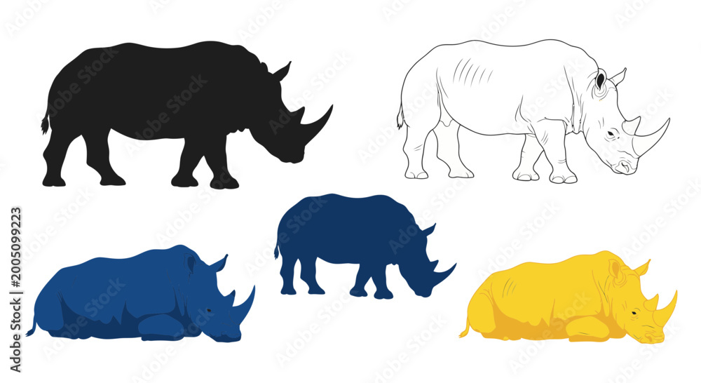 Fototapeta premium Rhino Silhouettes and Illustrations Set: Black, Blue, Yellow and Sketch