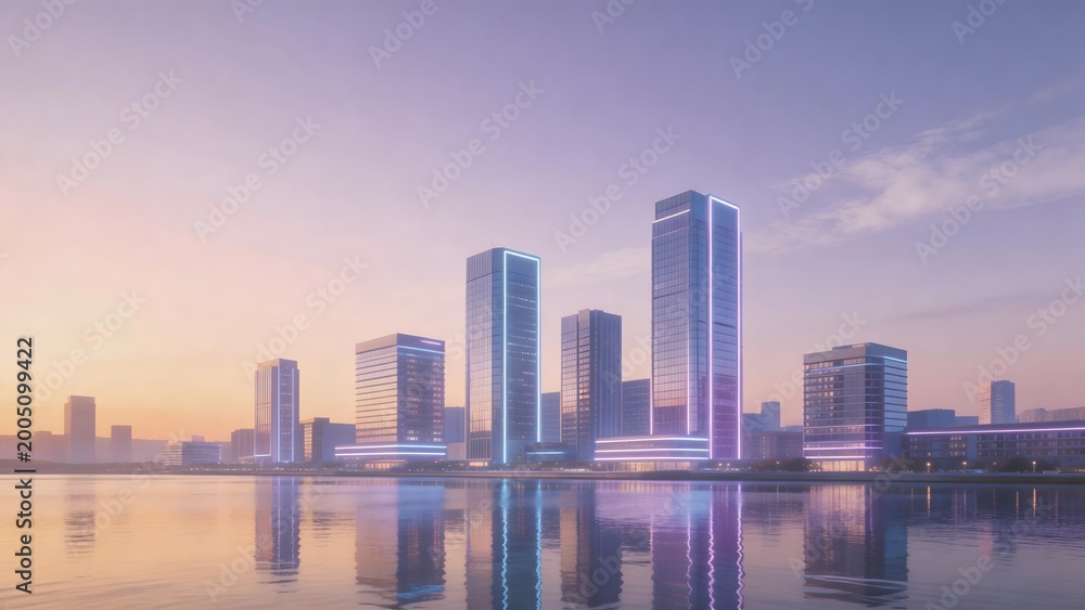 Obraz premium Modern city skyline with illuminated skyscrapers