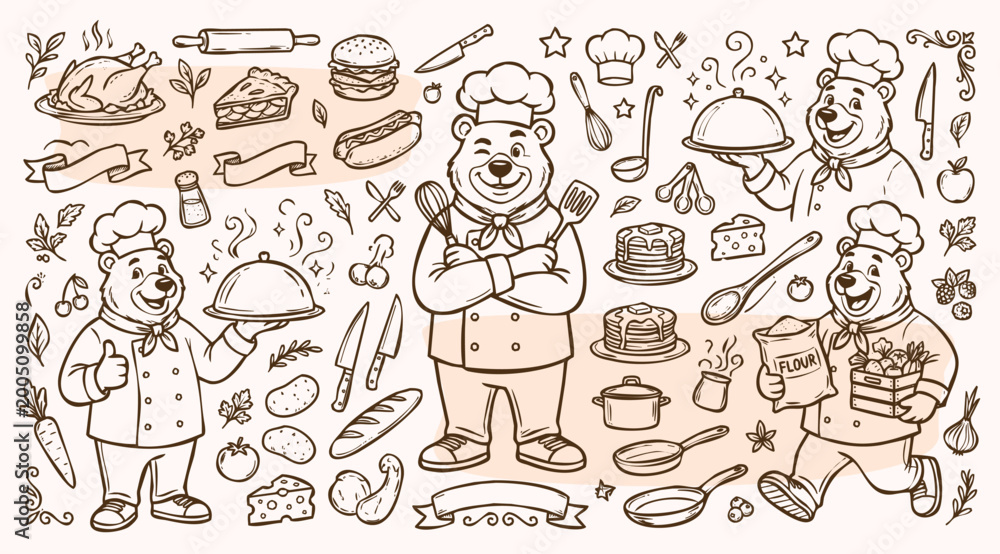 Fototapeta premium Vector doodle set of bear chef mascots with a collection of kitchen tools and food ingredients. Hand-drawn line art of cartoon characters and culinary elements isolated on a light background.