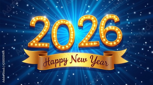Glowing golden numbers twenty six with happy new year ribbon 2026 celebration