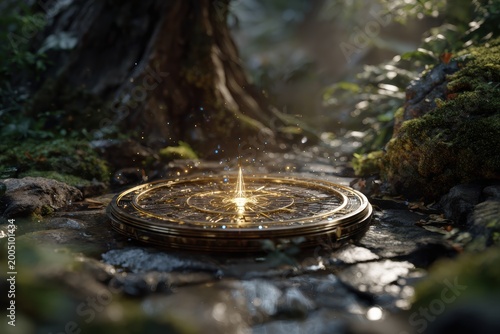 Antique golden compass glowing in mystical forest clearing