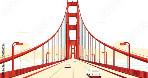 Golden Gate Bridge San Francisco vector illustration featuring the iconic red suspension towers with cars driving across the highway in flat art style.