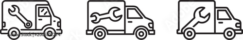 Black line art trucks with wrenches on white background for repair service icons