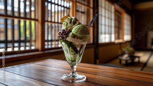 matcha parfait, japanese dessert in the cafe, kyoto