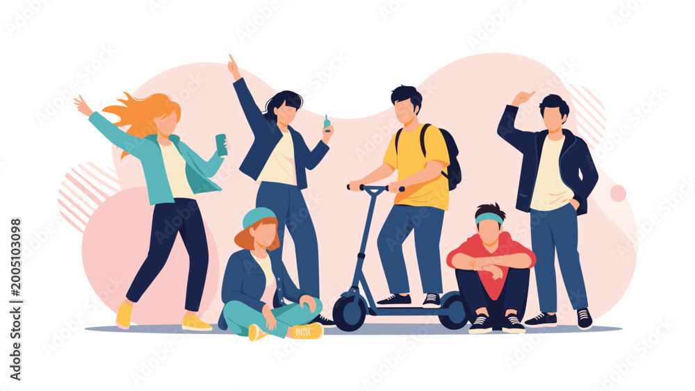 Obraz premium Diverse group of stylish teenagers hanging out together with a kick scooter against a colorful abstract background.