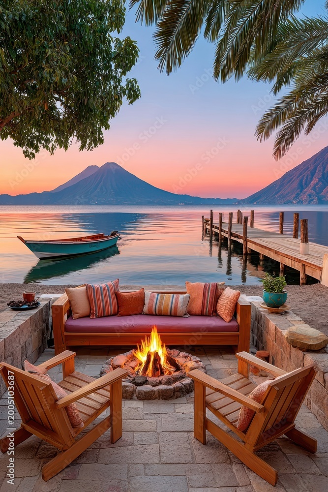 Fototapeta premium Bonfire on a lakeside patio with wooden chairs, dock, boat and volcano view at sunset