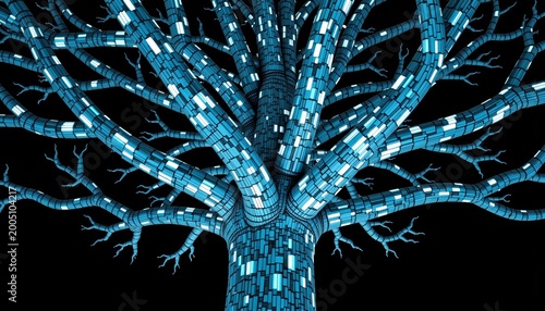 Futuristic Blue Digital Tree with Circuit Branches Against Black Background
