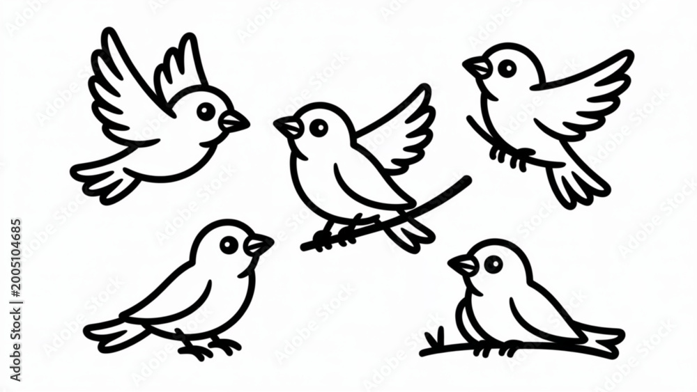 Fototapeta premium Cute Flying Birds Line Art Set Minimal Hand Drawn Avian Illustration Collection in Different Poses